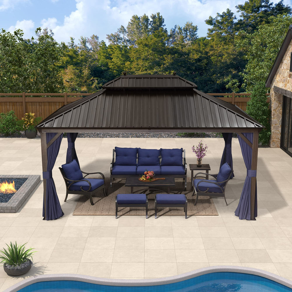 PURPLE LEAF Outdoor Hardtop Gazebo For Patio Bronze Aluminum Frame Pavilion With Navy-Blue Curtain