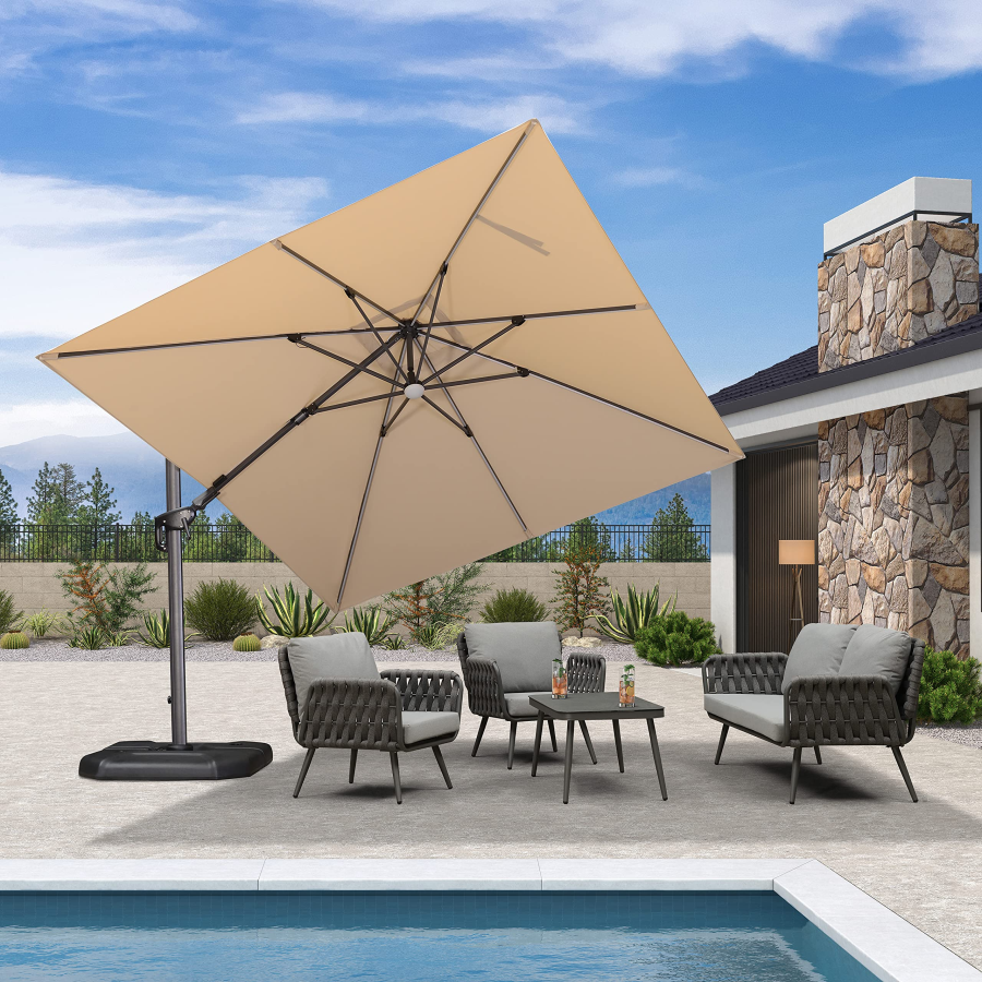 PURPLE LEAF 10'×10' Patio Umbrella Outdoor Cantilever Solar Powered LED Square Umbrella Aluminum Offset Umbrella