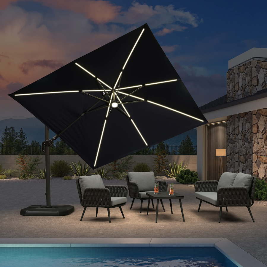 PURPLE LEAF 10'×10' Patio Umbrella Outdoor Cantilever Solar Powered LED Square Umbrella Aluminum Offset Umbrella